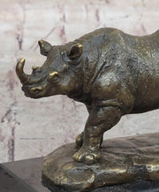 Bronze Rhino Rhinoceros Sculpture on Marble Base – Vintage Wildlife Figurine