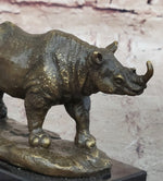 Bronze Rhino Rhinoceros Sculpture on Marble Base – Vintage Wildlife Figurine