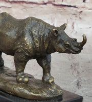 Bronze Rhino Rhinoceros Sculpture on Marble Base – Vintage Wildlife Figurine