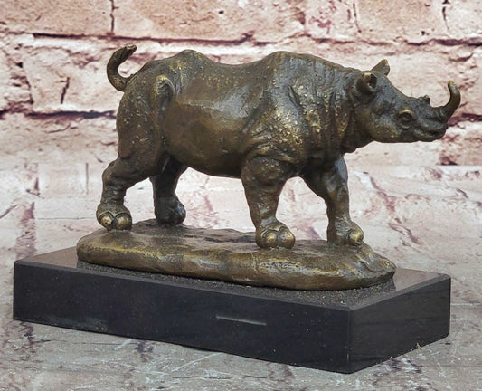 Bronze Rhino Rhinoceros Sculpture on Marble Base – Vintage Wildlife Figurine