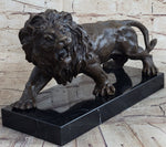 Bronze Sculpture Angry Hungry Male Lion Marble Base Figurine Art Deco Figure