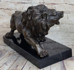 Bronze Sculpture Angry Hungry Male Lion Marble Base Figurine Art Deco Figure
