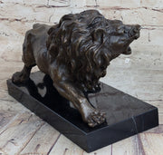 Bronze Sculpture Angry Hungry Male Lion Marble Base Figurine Art Deco Figure