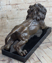 Bronze Sculpture Angry Hungry Male Lion Marble Base Figurine Art Deco Figure