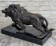 Bronze Sculpture Angry Hungry Male Lion Marble Base Figurine Art Deco Figure