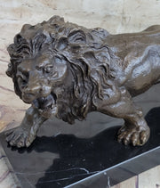 Bronze Sculpture Angry Hungry Male Lion Marble Base Figurine Art Deco Figure