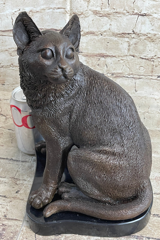 Signed Original Friendly Cat Feline Bronze Art Deco Marble Base Sculpture Figure