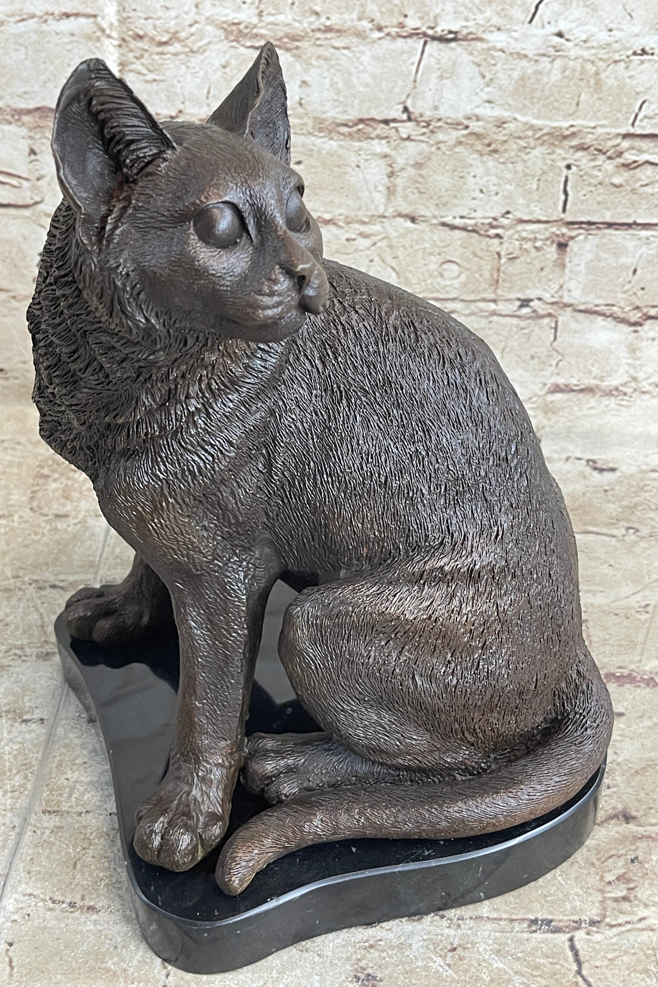 Signed Original Friendly Cat Feline Bronze Art Deco Marble Base Sculpture Figure
