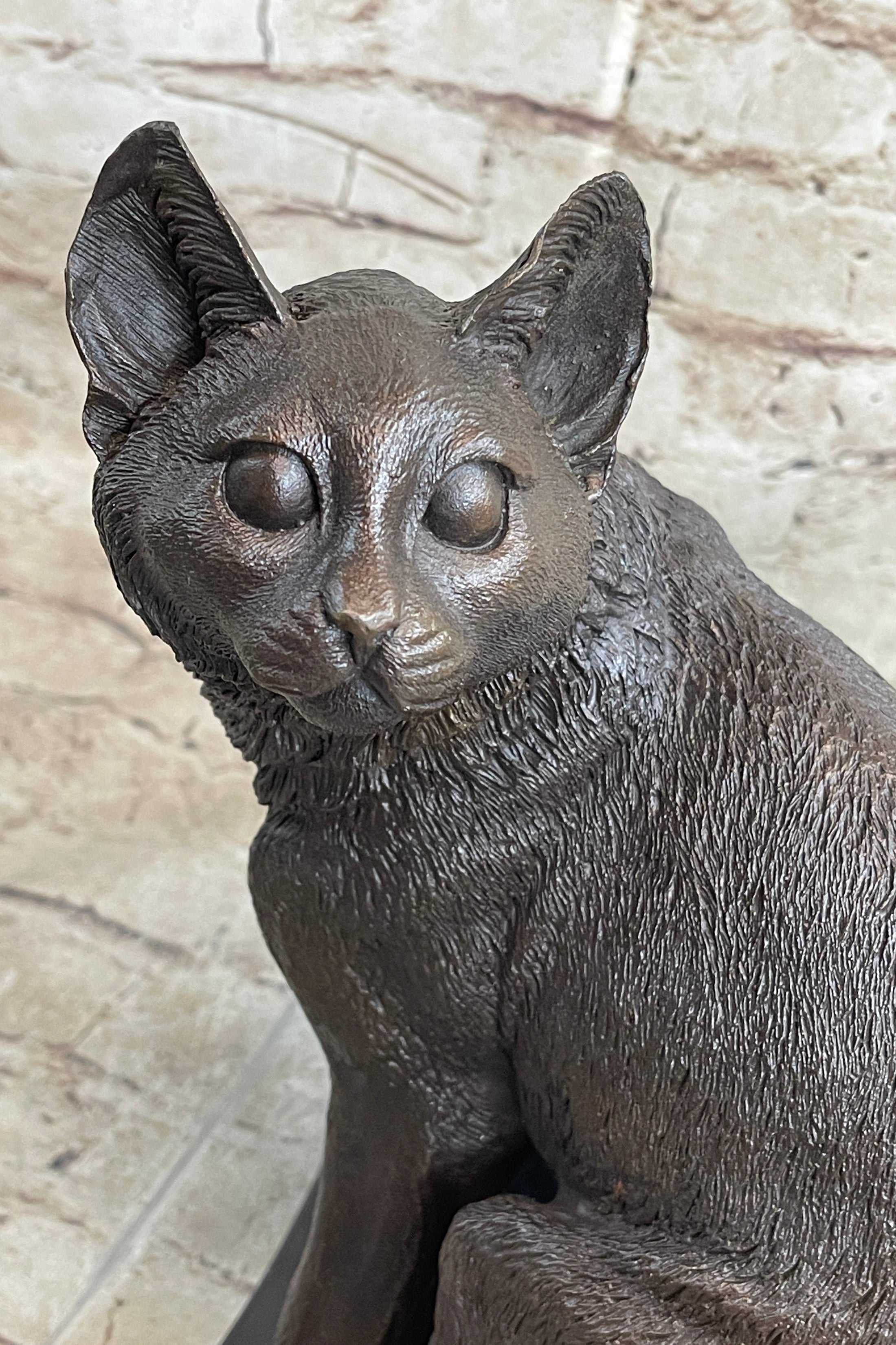 Signed Original Friendly Cat Feline Bronze Art Deco Marble Base Sculpture Figure