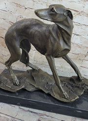 Greyhound Whippet Slender Dog Bronze Metal Sculpture Statue Figure on Marble Base