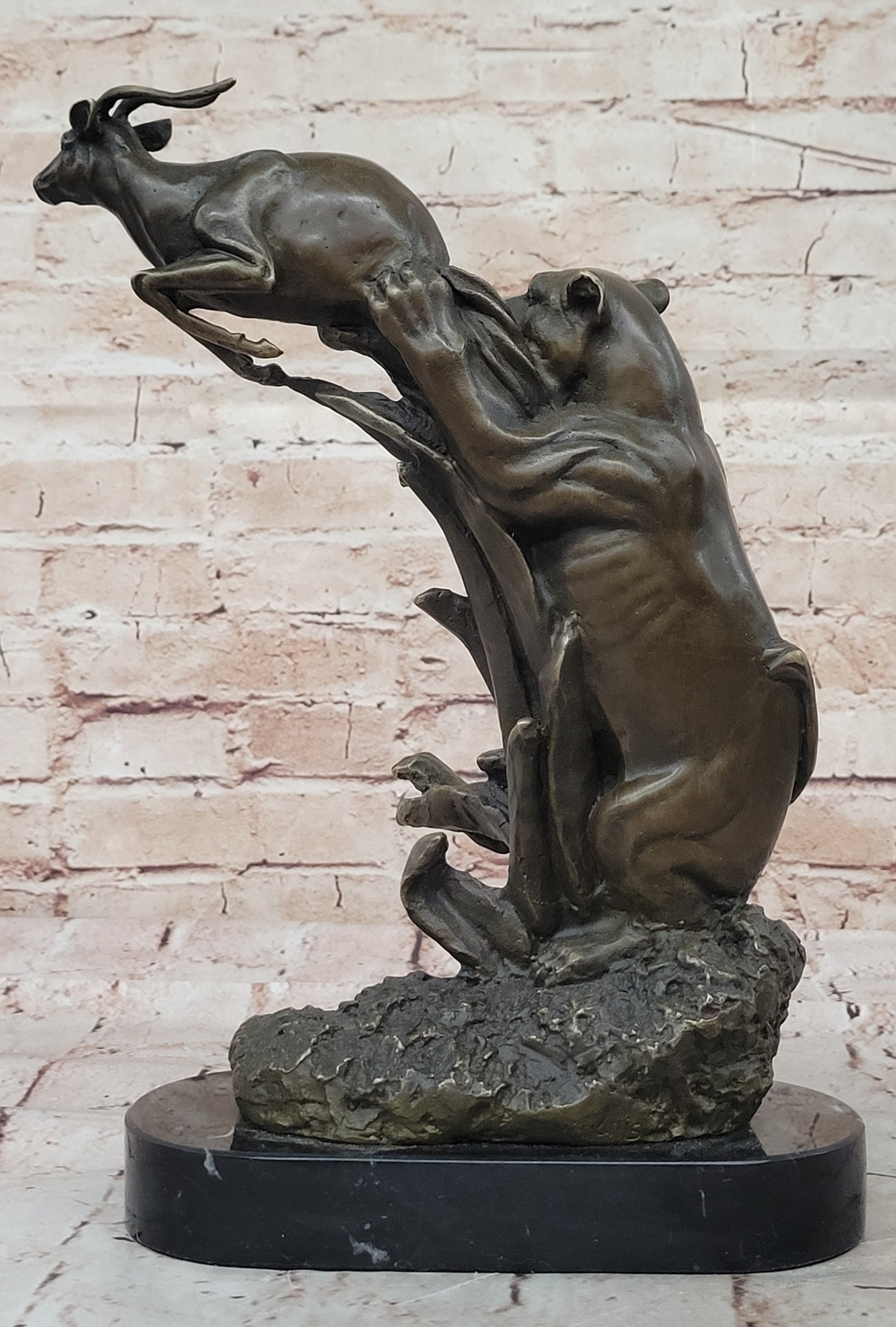Bronze Statue Sculpture of Lion Hunting Gazelle Impala Handmade Art Decor Safari