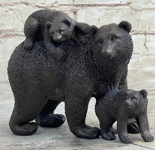Signed Original Happy Grizzly Bear Family Bronze Sculpture Art Deco Figure Decor