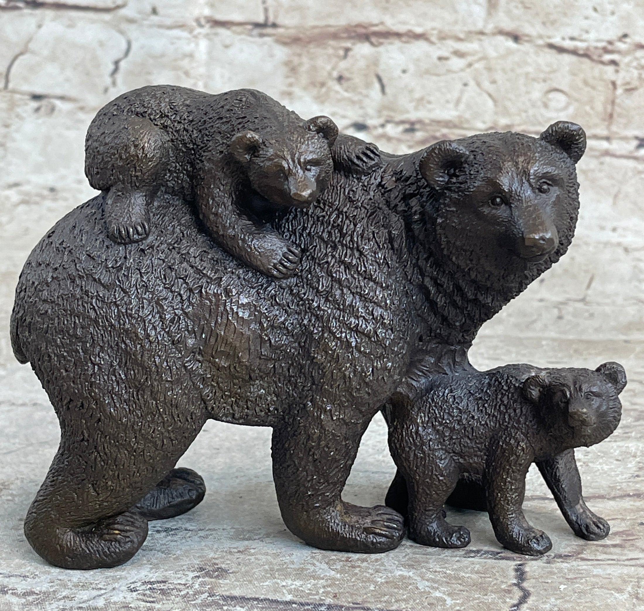 Signed Original Happy Grizzly Bear Family Bronze Sculpture Art Deco Figure Decor