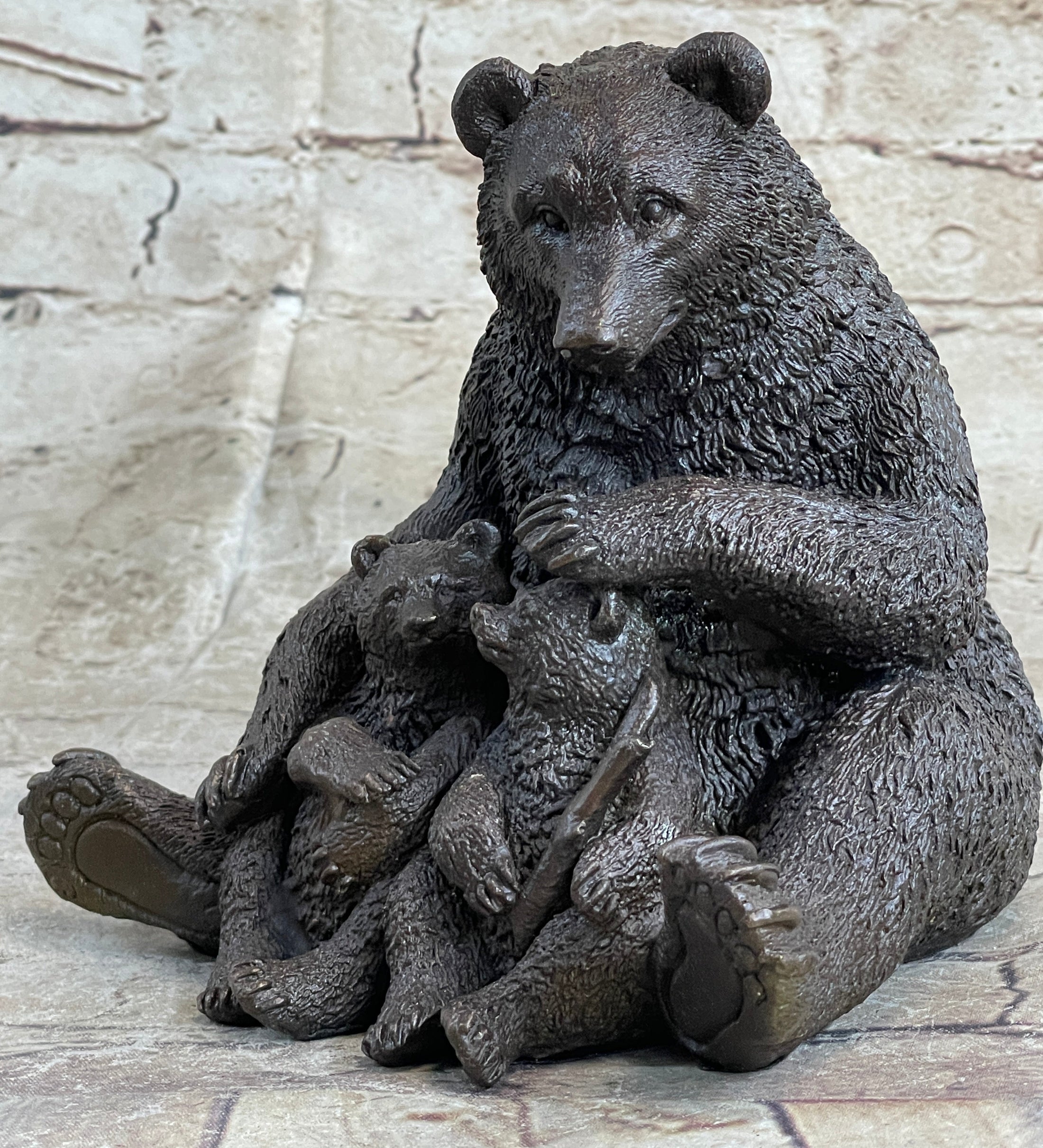 Mama Bear with Cubs Family of Bears Bronze Metal Figurine Sculpture Signed Art