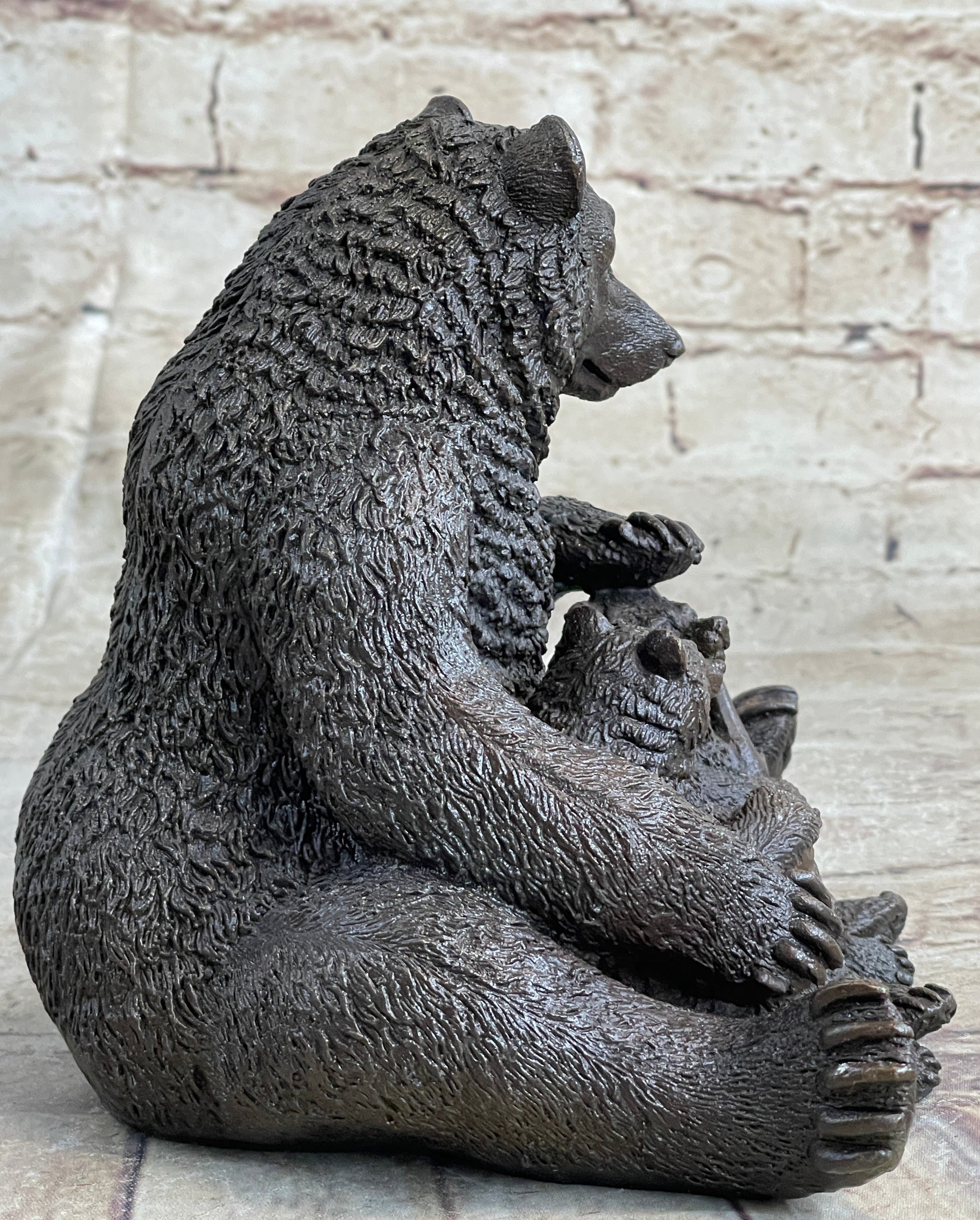 Mama Bear with Cubs Family of Bears Bronze Metal Figurine Sculpture Signed Art
