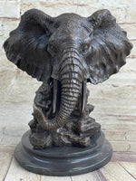 Original Striking Massive Elephant Head Bust with Baby Bronze Sculpture Statue