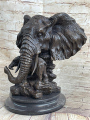 Original Striking Massive Elephant Head Bust with Baby Bronze Sculpture Statue
