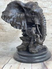 Original Striking Massive Elephant Head Bust with Baby Bronze Sculpture Statue