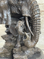 Original Striking Massive Elephant Head Bust with Baby Bronze Sculpture Statue
