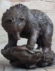 Original Burly Black Bear with His fish Dinner Bronze Sculpture Statue Figurine