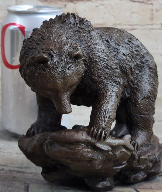 Original Burly Black Bear with His fish Dinner Bronze Sculpture Statue Figurine