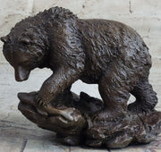Original Burly Black Bear with His fish Dinner Bronze Sculpture Statue Figurine