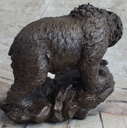 Original Burly Black Bear with His fish Dinner Bronze Sculpture Statue Figurine
