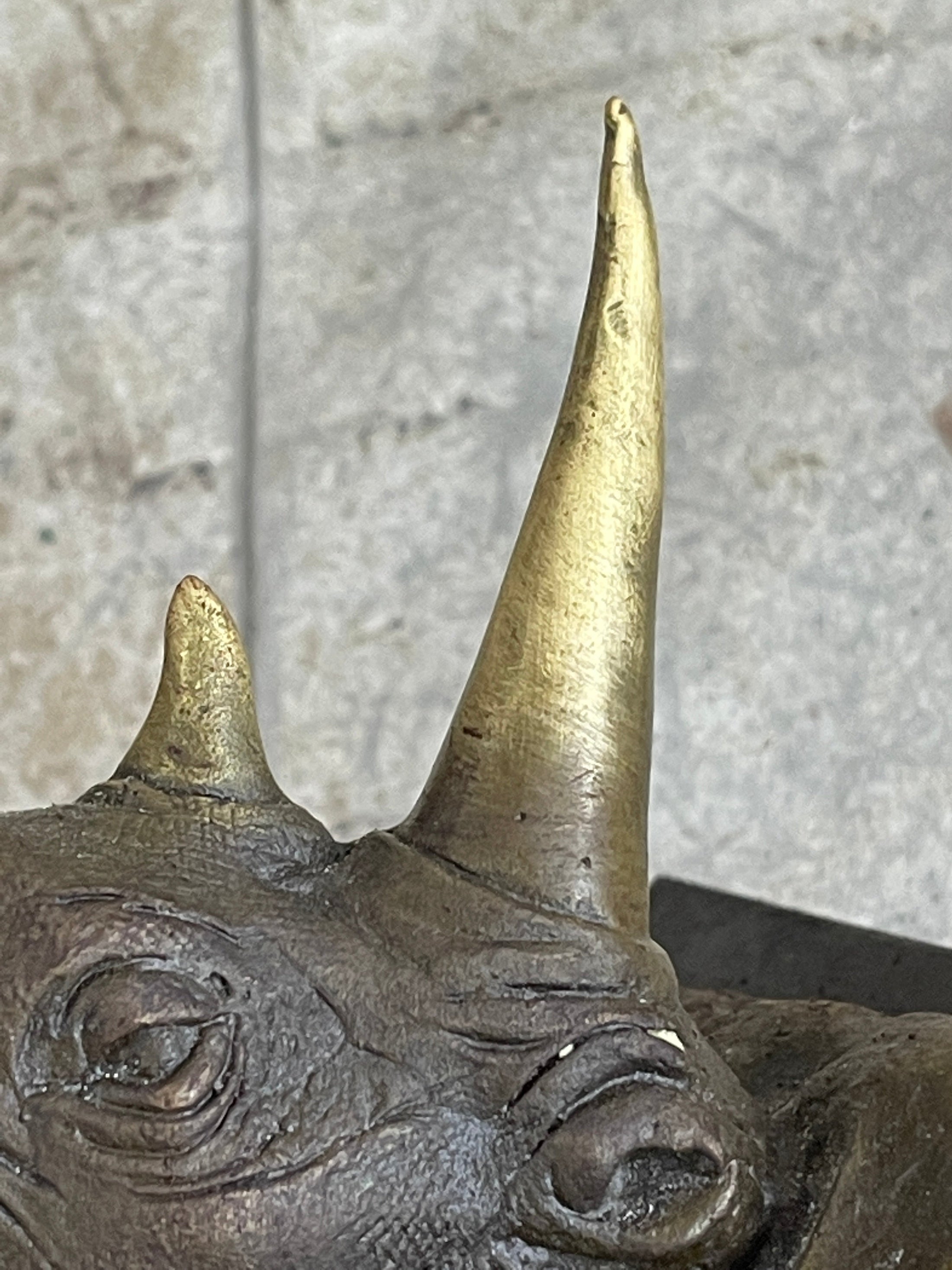 Bronze Metal Rhinoceros Rhino Statue Sculpture Figure Marble Base Barye Art 9" x 14"