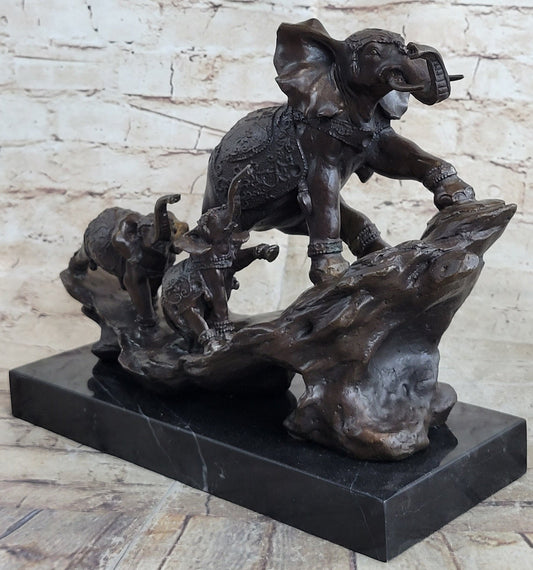 Signed Bologna Indian Mother Elephant And Calves Bronze Sculpture Home Decor Art