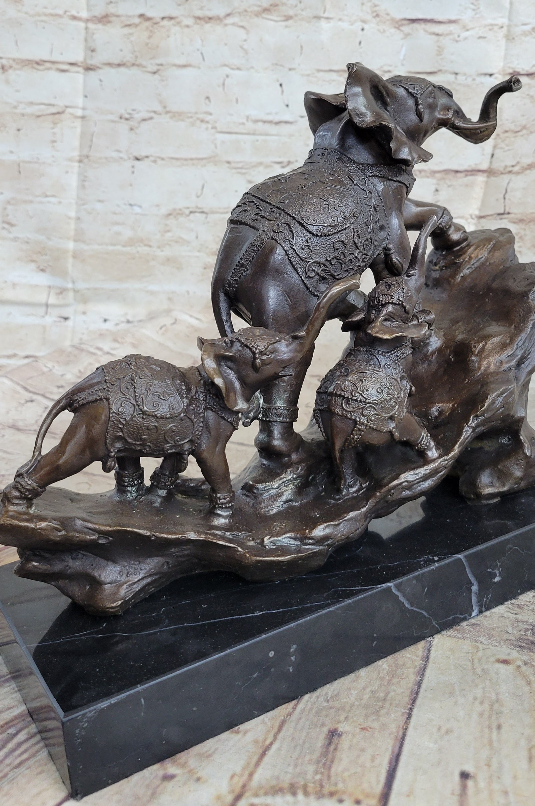 Signed Bologna Indian Mother Elephant And Calves Bronze Sculpture Home Decor Art