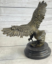 Landing Eagle w/ Wings Spread Bronze Statue Sculpture Signed Original Marble Base 7