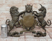 Bronze Lion and Unicorn Heraldic Crest Coat of Arms Hanging Wall Sculpture