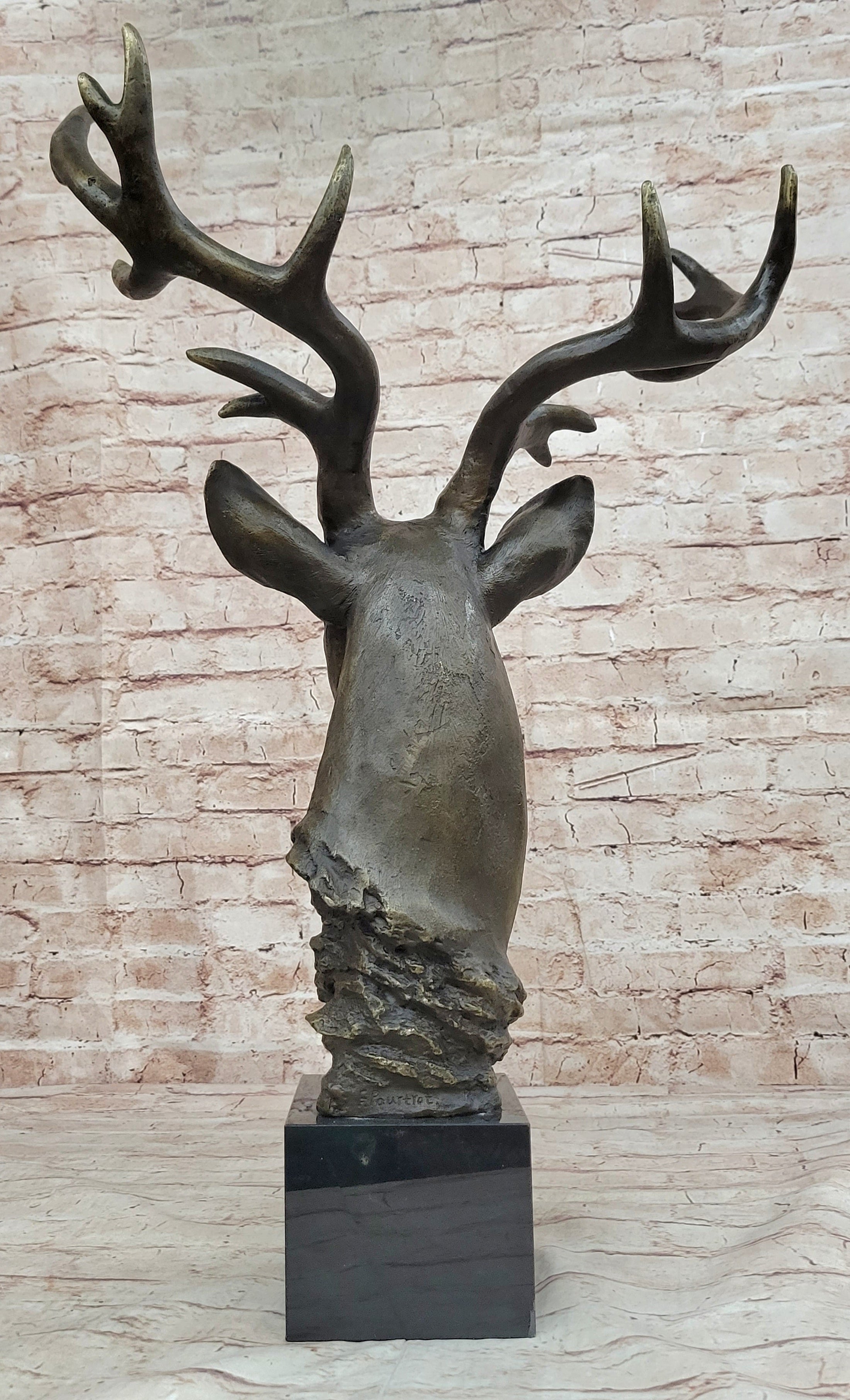 Stag Buck Deer Elk Head Bust Bronze Sculpture Statue on Marble Base