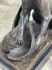 Signed Barye Bear Attacking Eagle Bronze Sculpture Marble Base Figurine Statue