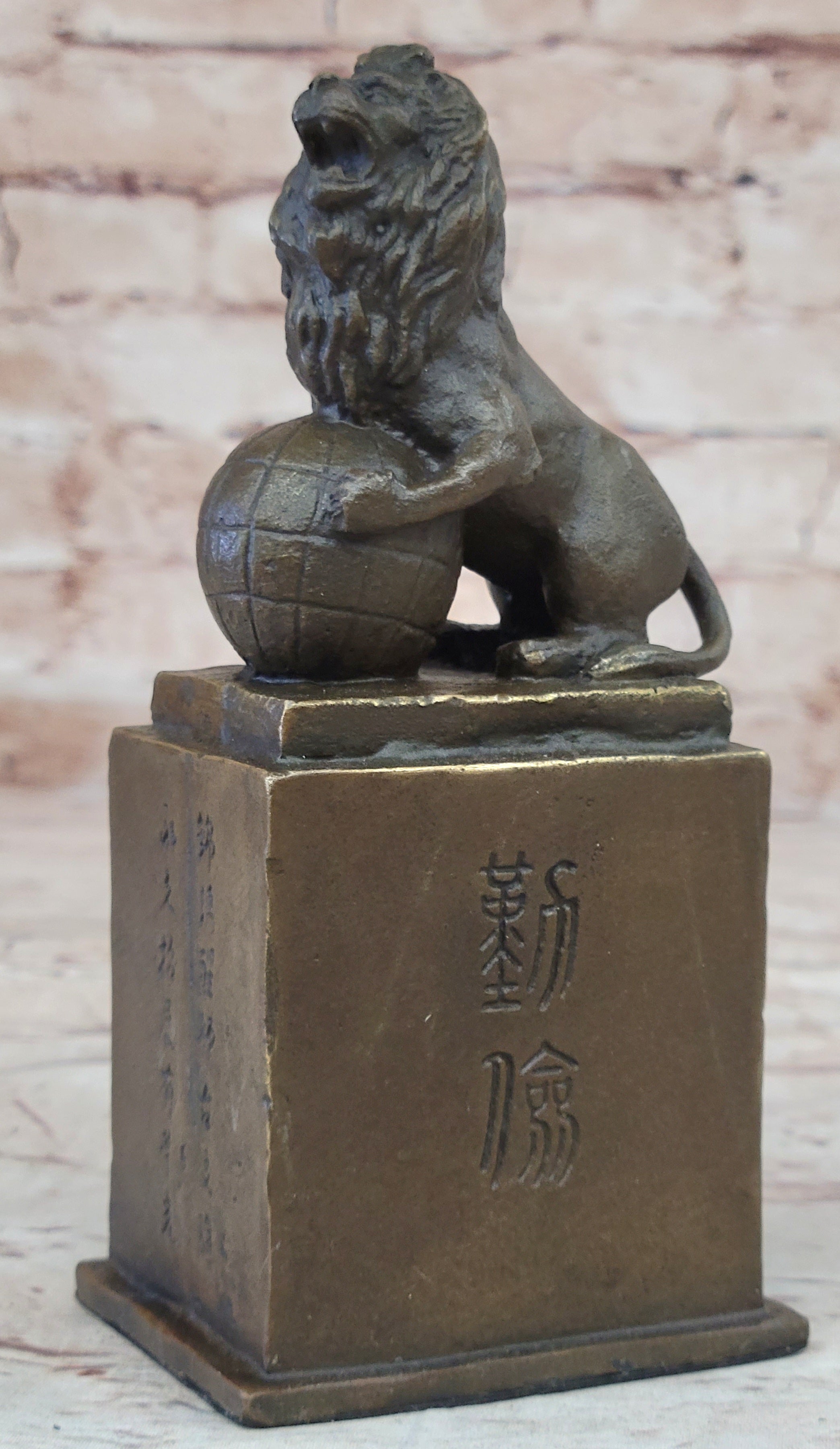 Regius Palace Chinese Guardian Lion & Earth Globe Bronze Statue Sculpture Decor