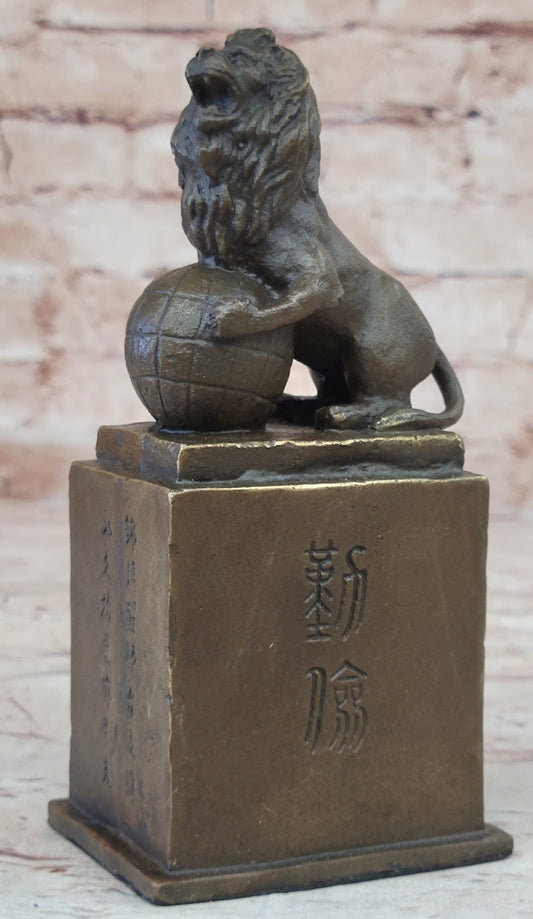Regius Palace Chinese Guardian Lion & Earth Globe Bronze Statue Sculpture Decor