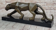 Geometric Modern Art Bronze Sculpture of a Lion Cougar Puma on Marble Base