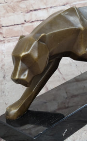 Geometric Modern Art Bronze Sculpture of a Lion Cougar Puma on Marble Base