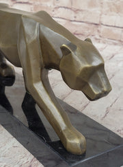 Geometric Modern Art Bronze Sculpture of a Lion Cougar Puma on Marble Base