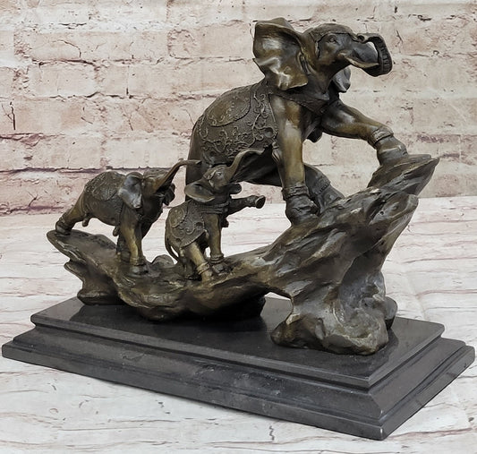 Hand Made Elephant Family Walking up The Hill Bronze Sculpture by Barye Figure