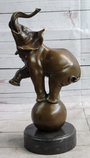 Circus Elephant Balancing on a Ball Bronze Sculpture Statue Art on Marble Base
