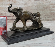 Mother Elephant and Baby Calf Bronze Statue Sculpture Original Art on Marble Base