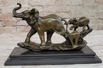 Mother Elephant and Baby Calf Bronze Statue Sculpture Original Art on Marble Base