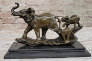 Mother Elephant and Baby Calf Bronze Statue Sculpture Original Art on Marble Base