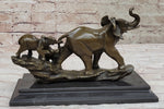 Mother Elephant and Baby Calf Bronze Statue Sculpture Original Art on Marble Base