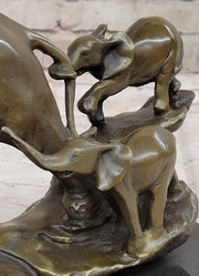 Mother Elephant and Baby Calf Bronze Statue Sculpture Original Art on Marble Base