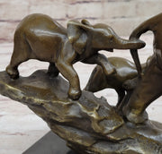 Mother Elephant and Baby Calf Bronze Statue Sculpture Original Art on Marble Base