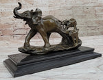 Mother Elephant and Baby Calf Bronze Statue Sculpture Original Art on Marble Base