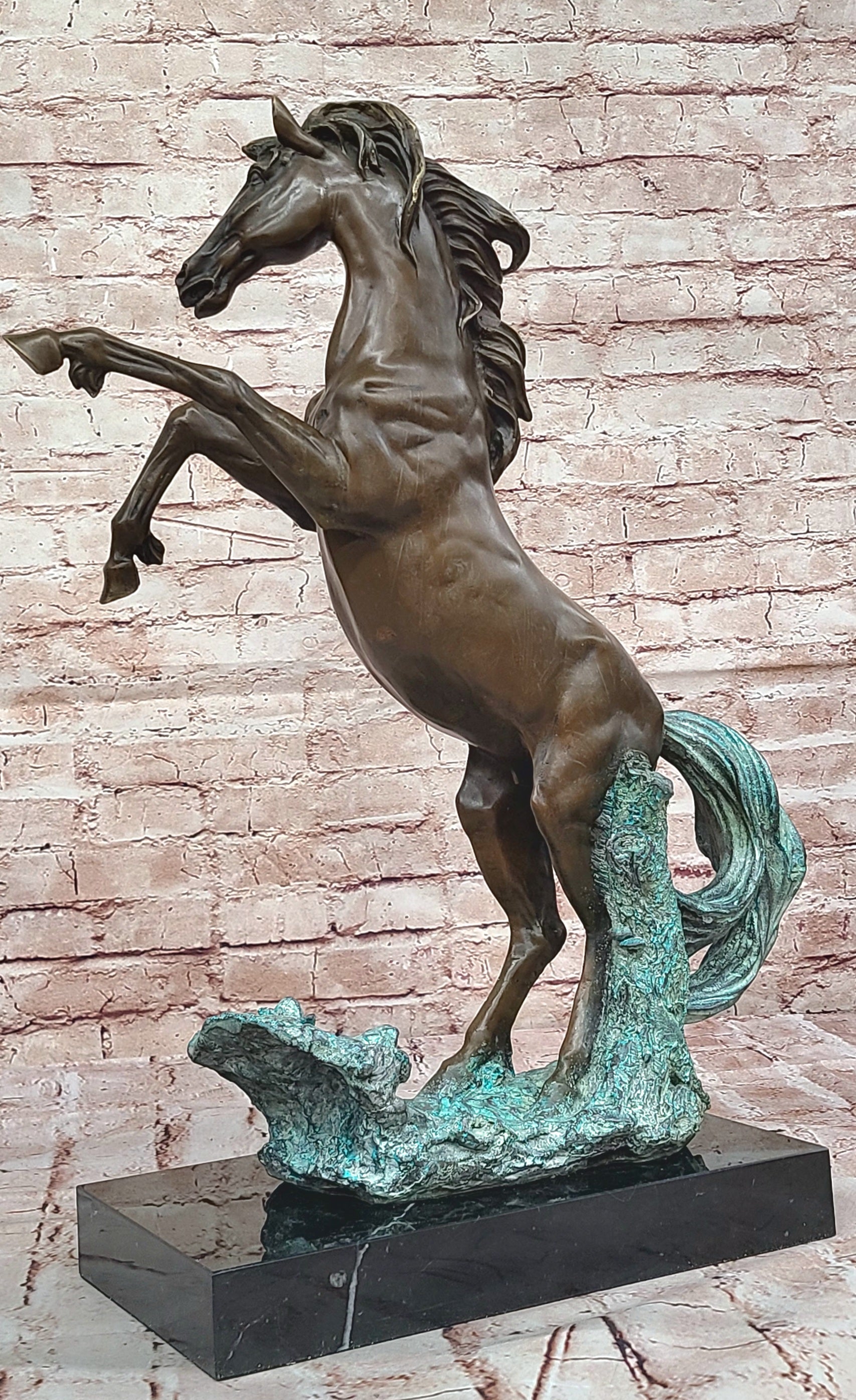 Rearing Horse on Hind Legs Bronze Statue Sculpture w/ Blue Green Patina Original Art
