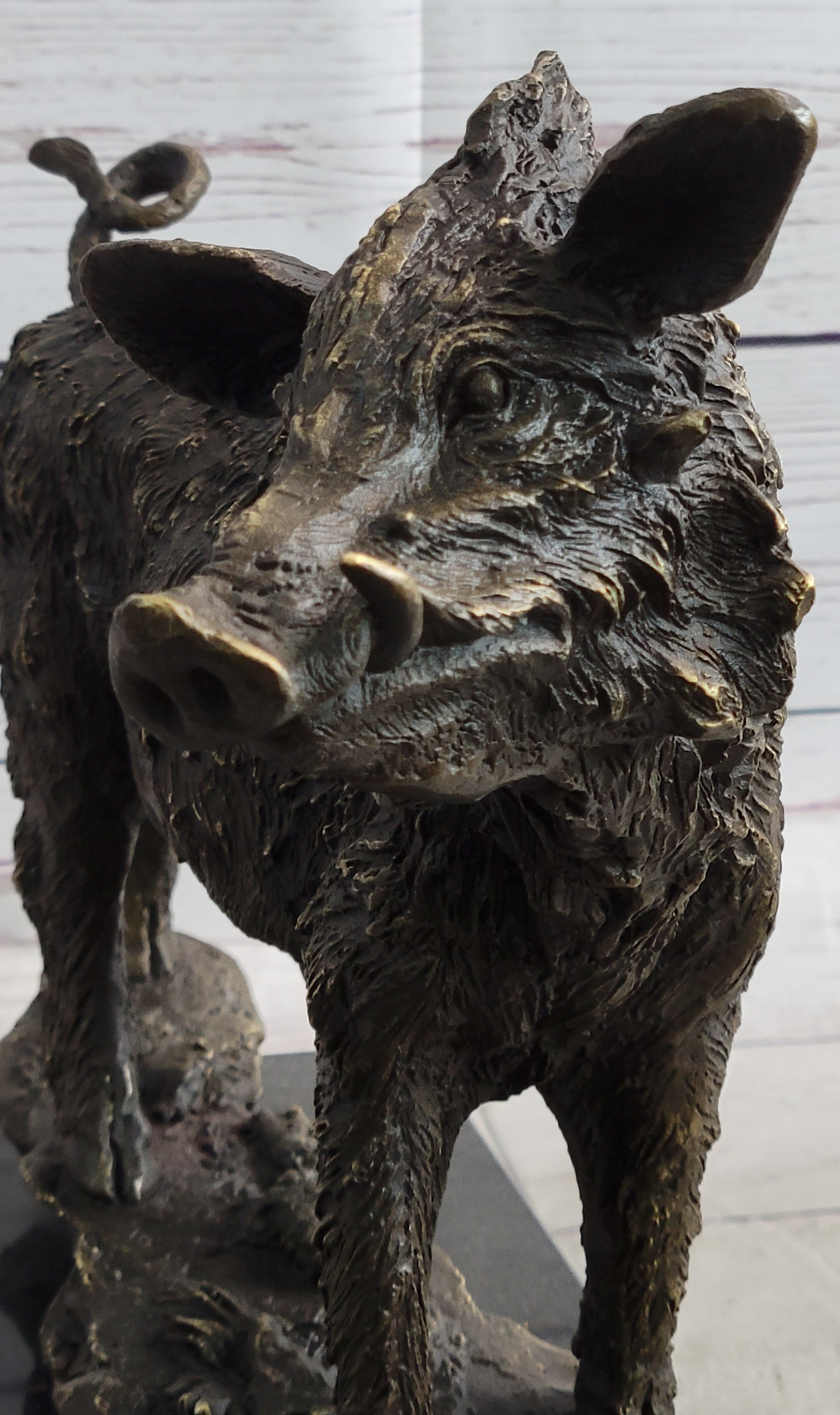 Wild Boar Hog Pig Bronze Sculpture Statue Figure Wildlife Art Decor Marble Base